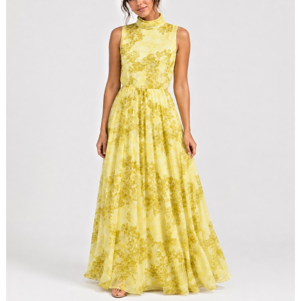 Vtg Jack Bryan Hostess Dress Womens S Yellow Floral Chiffon Maxi Gown 60s Party